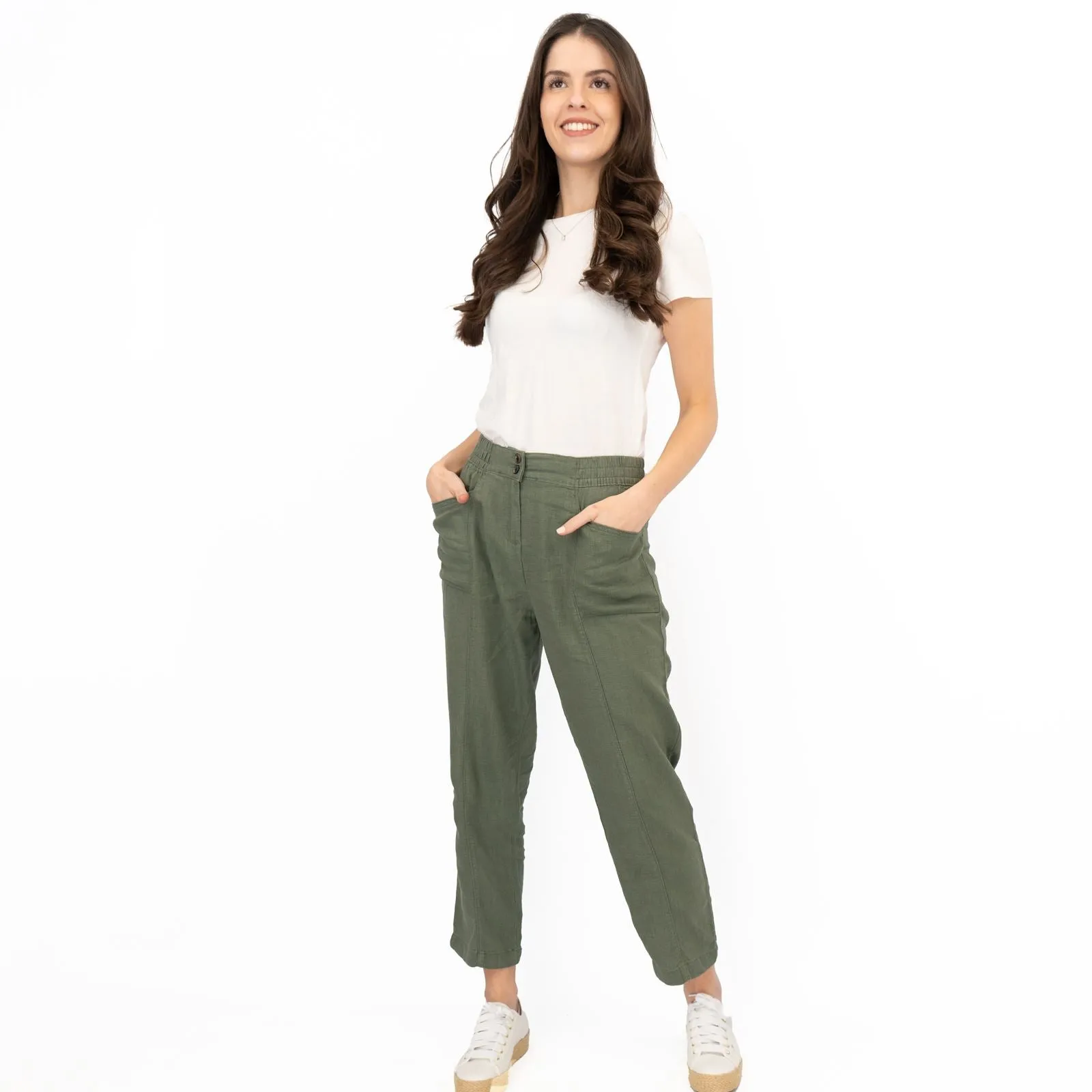 Next Linen Trousers Straight Leg Khaki Green