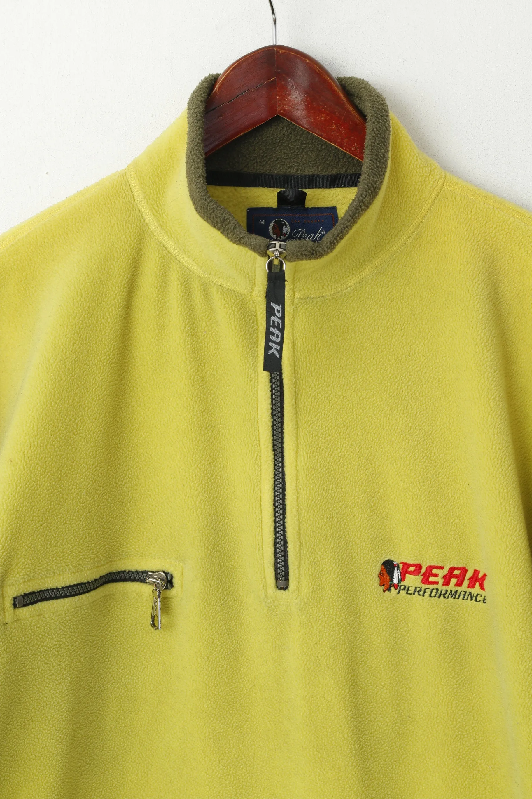 Peak Performance Men M Fleece Top Lime Pullover Zip Neck Pocket Outdoor Top