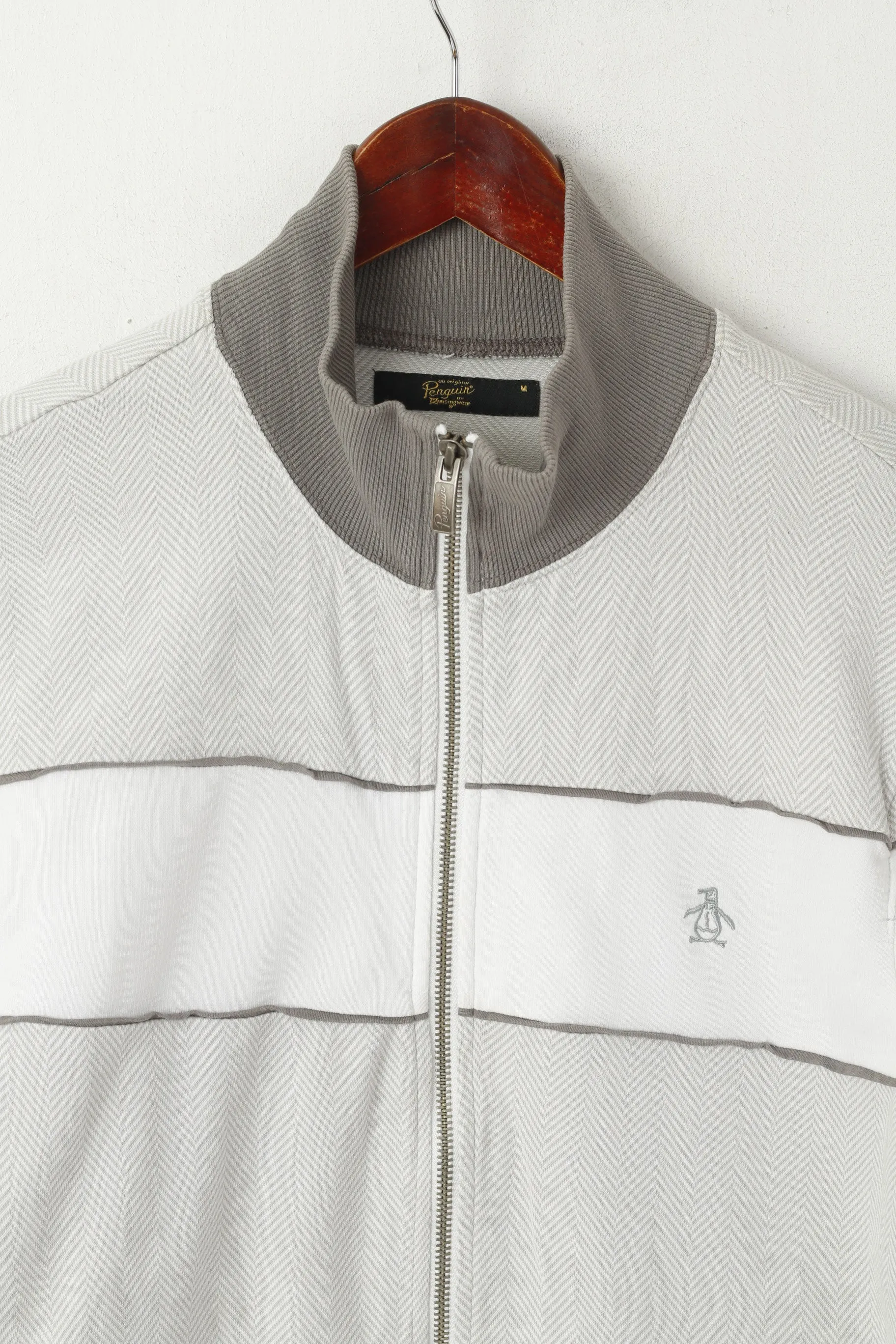 Penguin Men M (S) Sweatshirt Grey Cotton Full Zipper Herringbone Casual Top