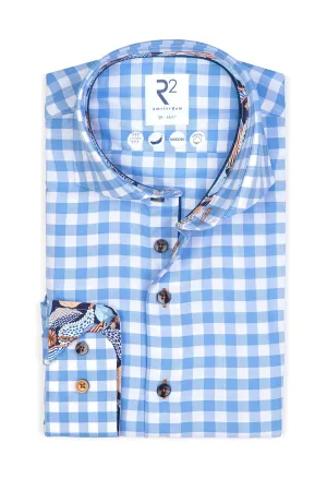 R2 Cut Away Collar Long Sleeved Shirt Light Blue Check