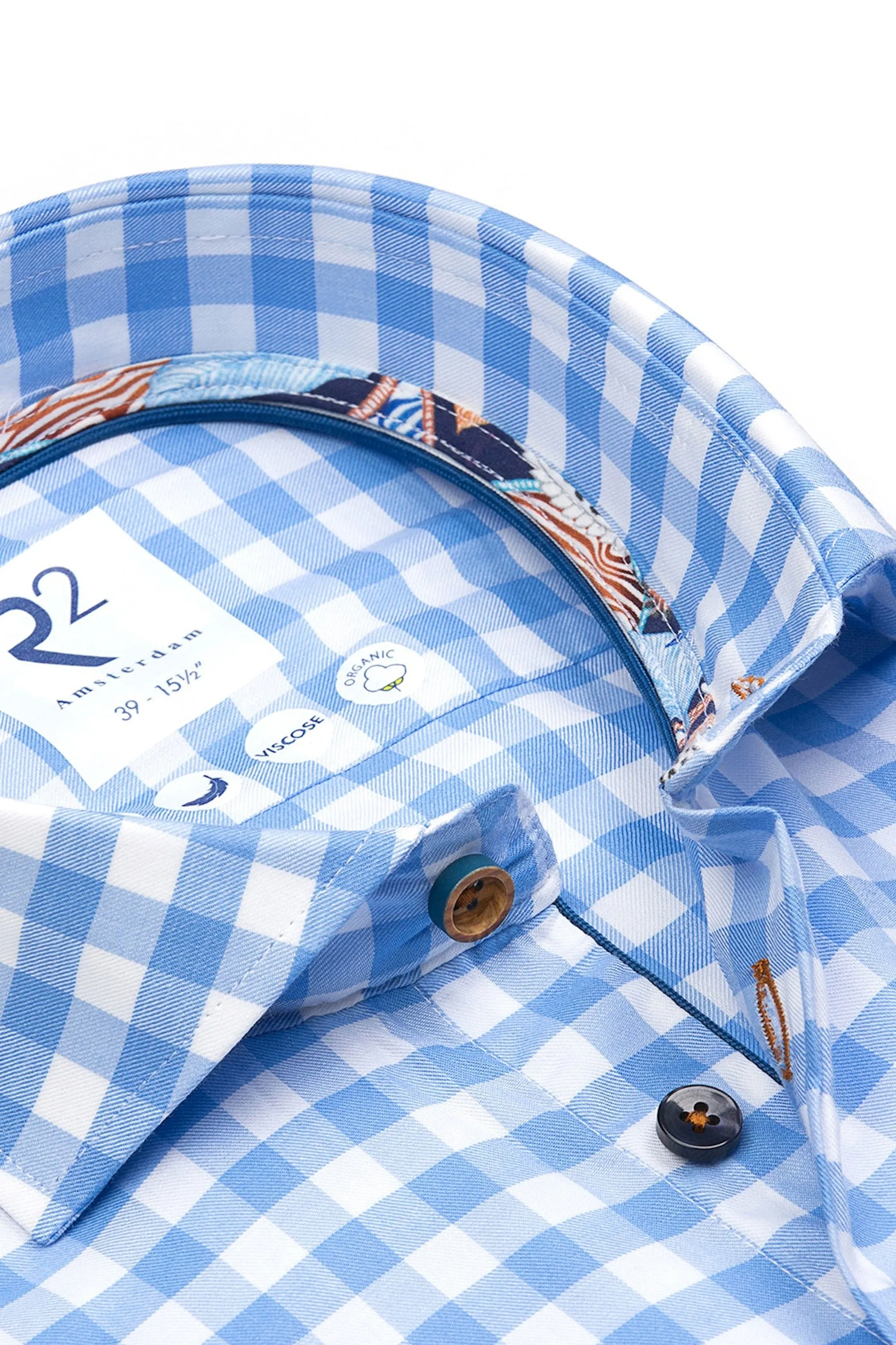 R2 Cut Away Collar Long Sleeved Shirt Light Blue Check