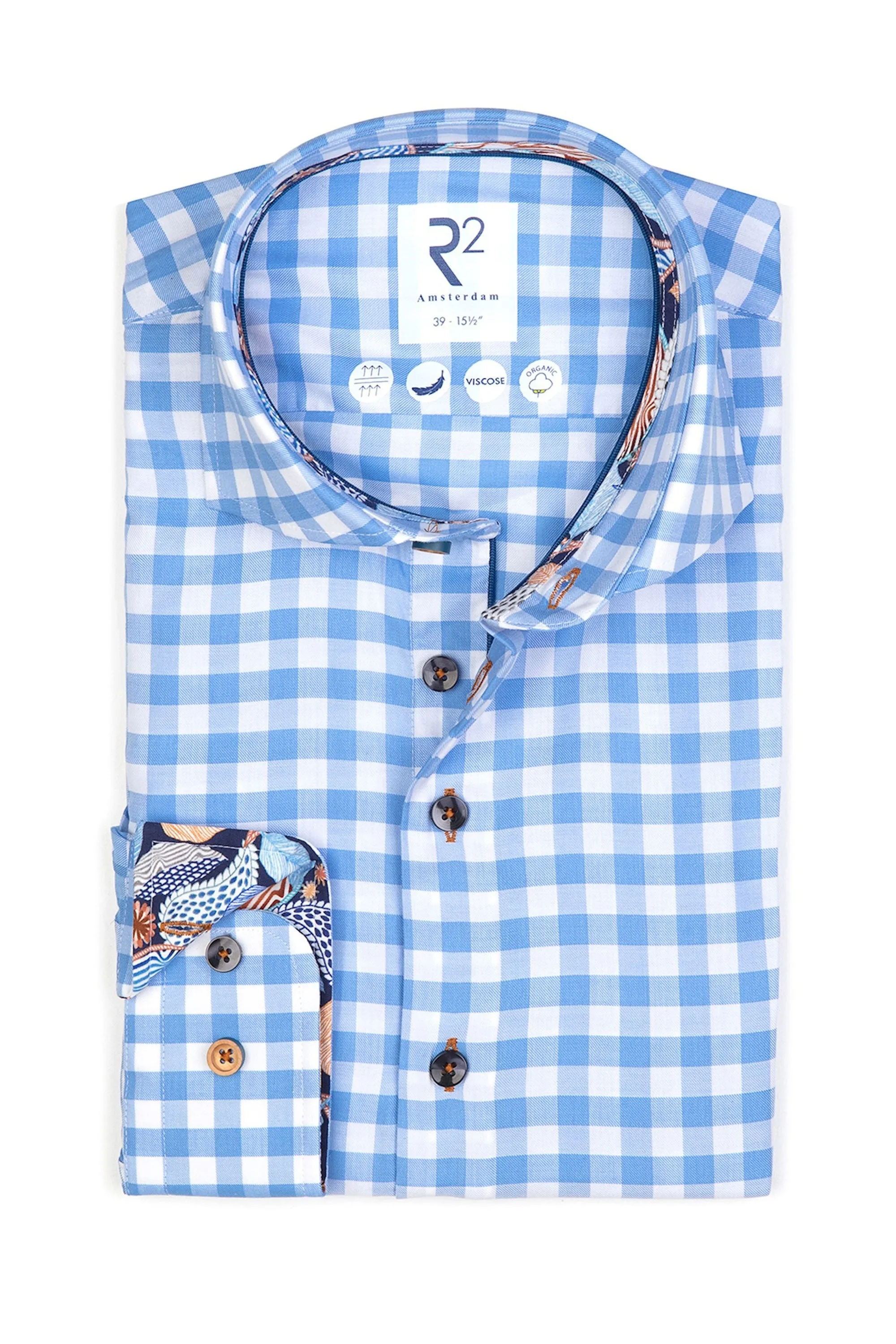 R2 Cut Away Collar Long Sleeved Shirt Light Blue Check