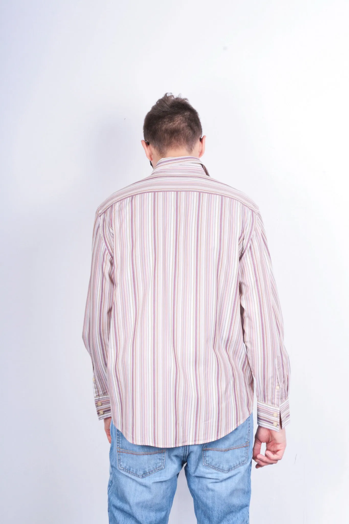 Racing Green Mens L Casual Shirt Striped Super Fine Cotton Brown Cotton