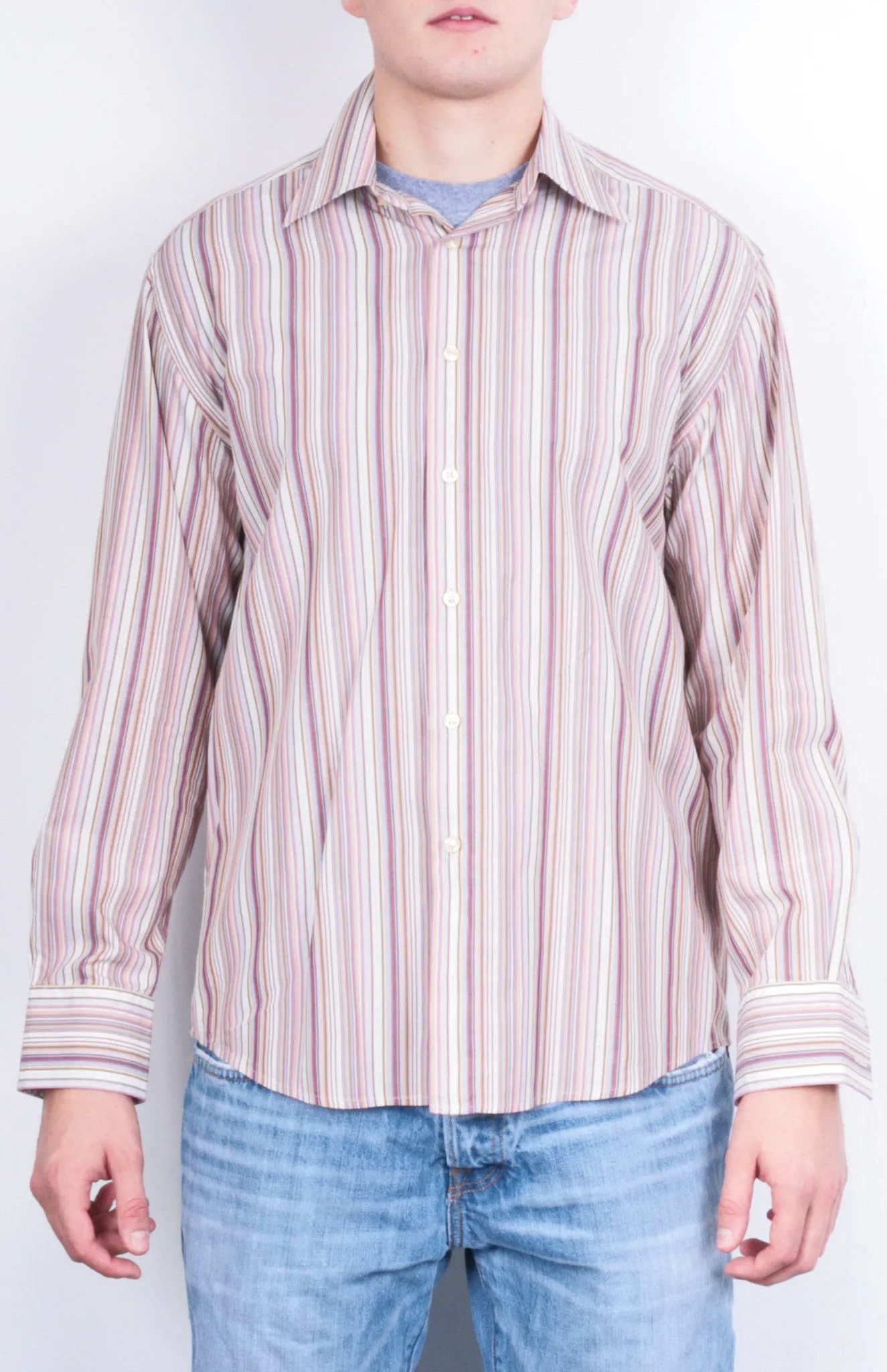 Racing Green Mens L Casual Shirt Striped Super Fine Cotton Brown Cotton