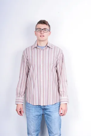 Racing Green Mens L Casual Shirt Striped Super Fine Cotton Brown Cotton