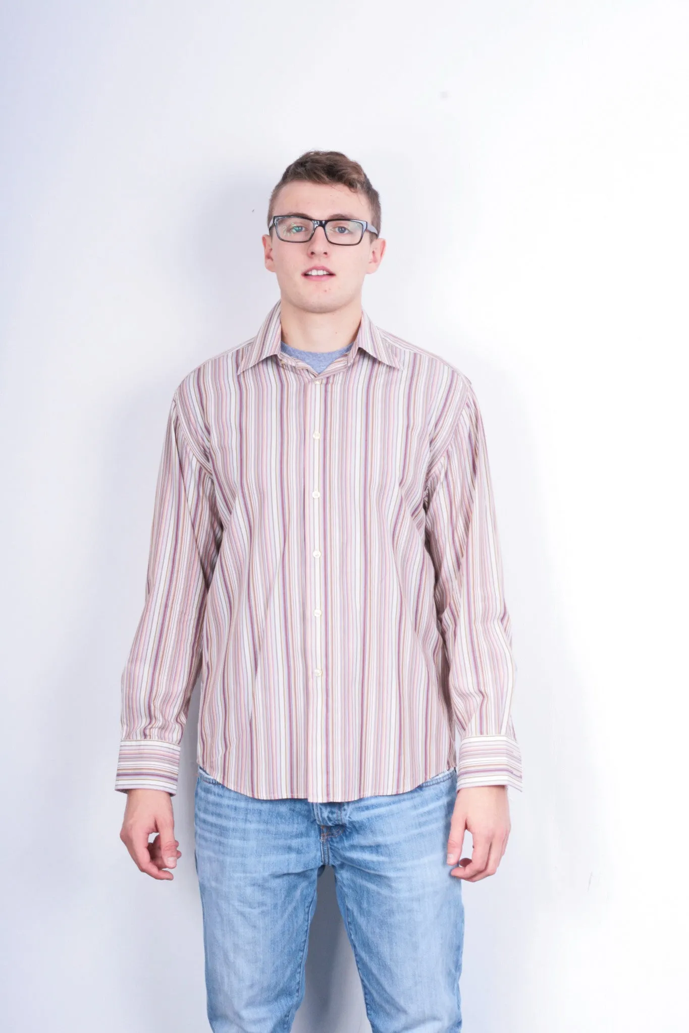 Racing Green Mens L Casual Shirt Striped Super Fine Cotton Brown Cotton