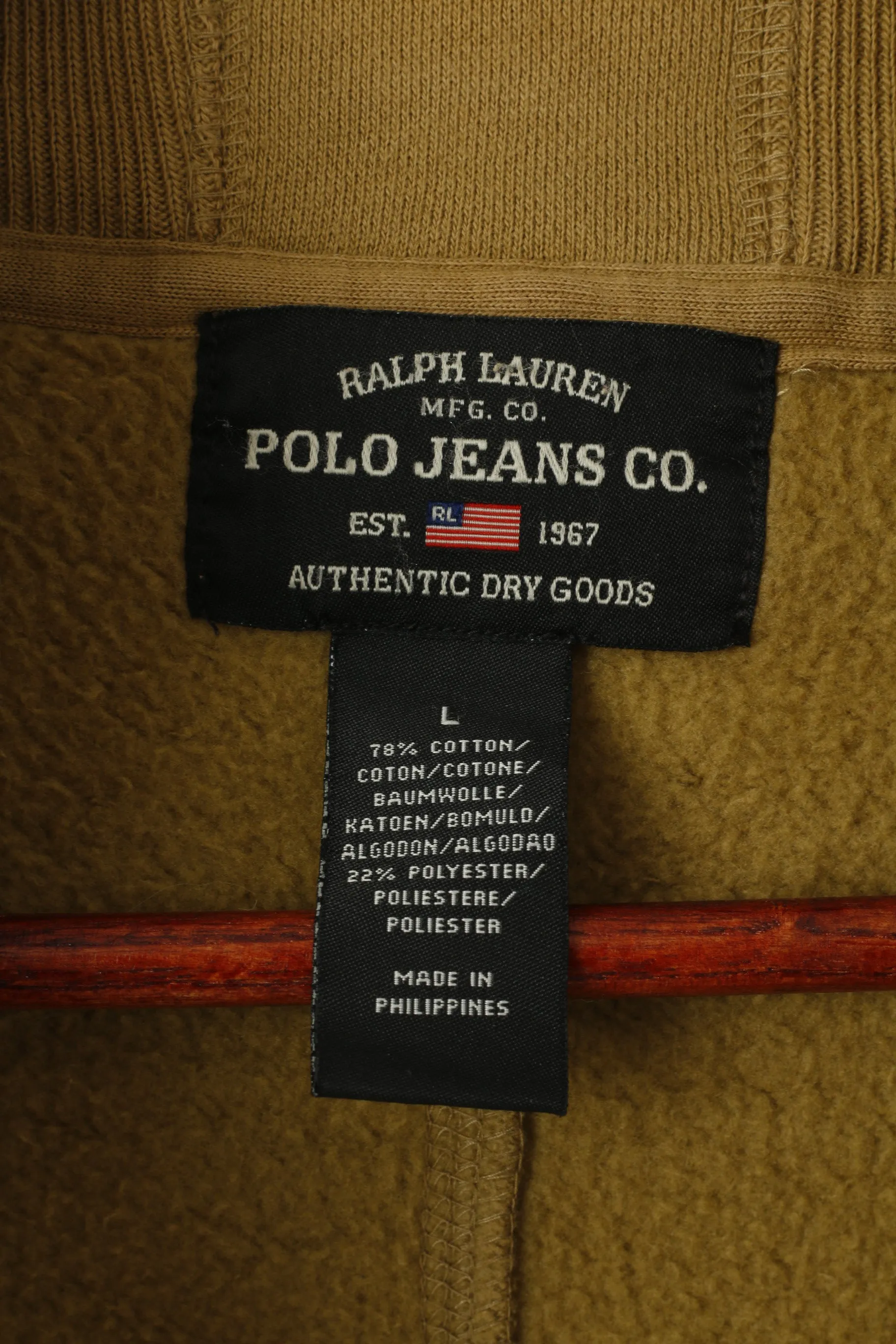 Ralph Lauren Polo Jeans Co Men L Sweatshirt Brown Cotton Full Zip Classic Top