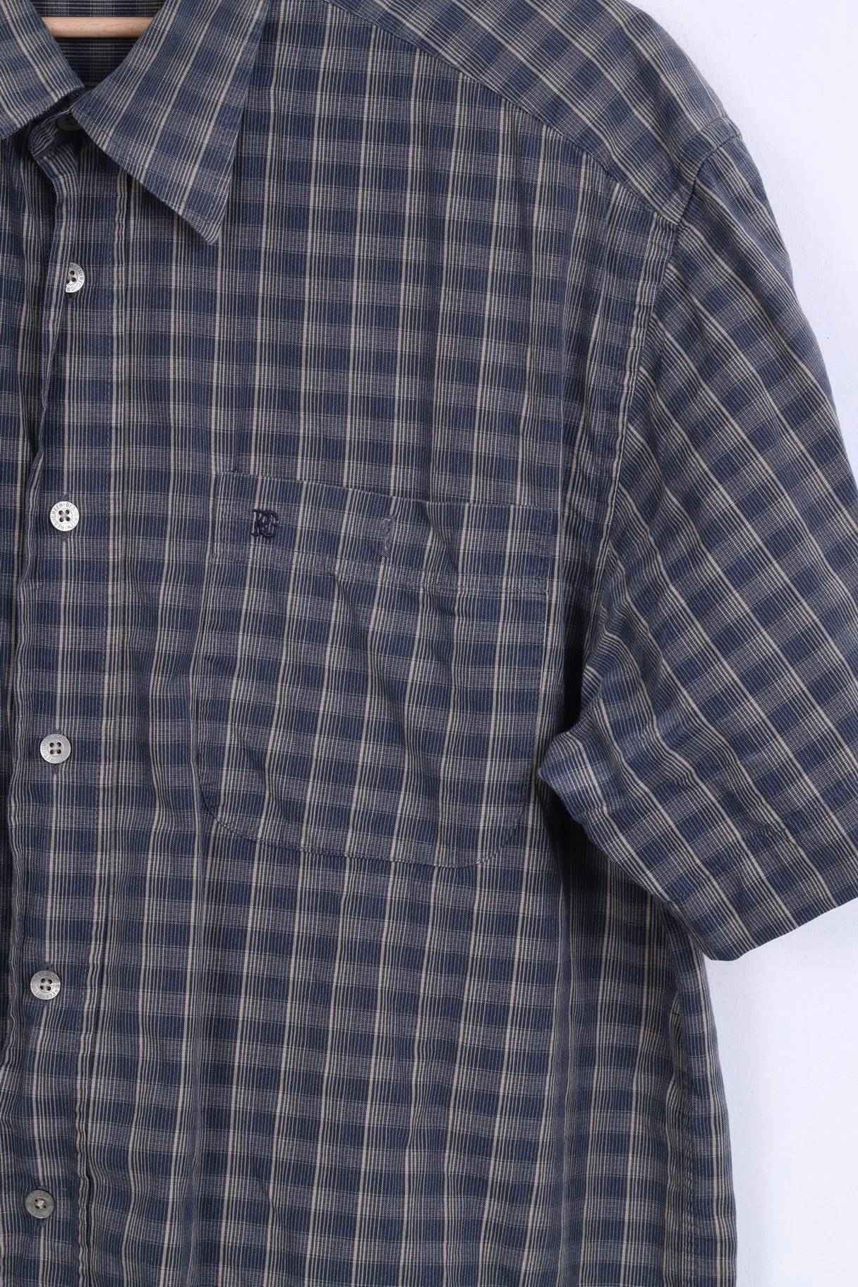 RED GREEN Mens L Casual Shirt Check Cotton Blue Short Sleeve