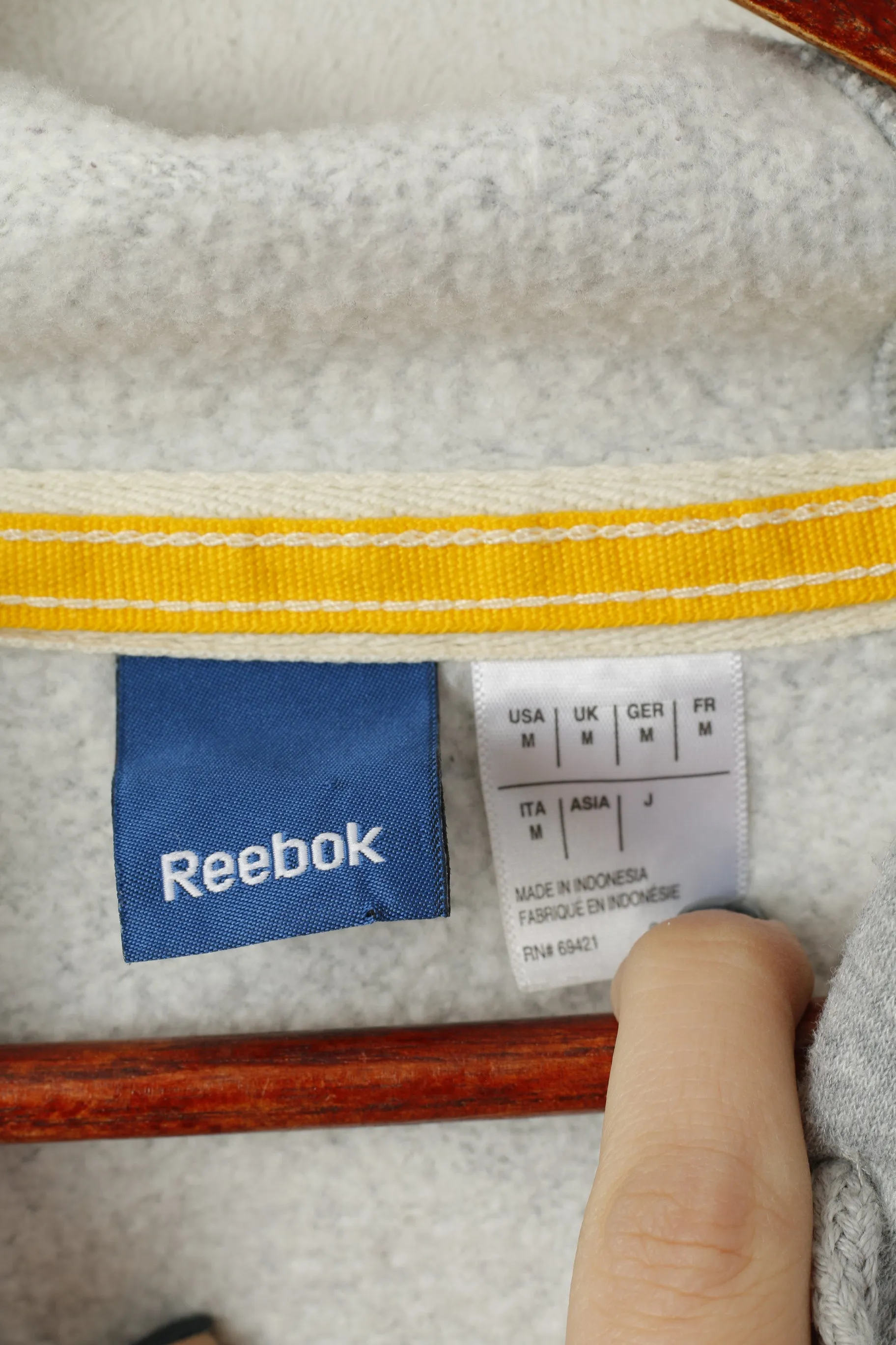 Reebok Men M Sweatshirt Grey Cotton Hooded Vintage Kangaroo Pocket Hoodie Top