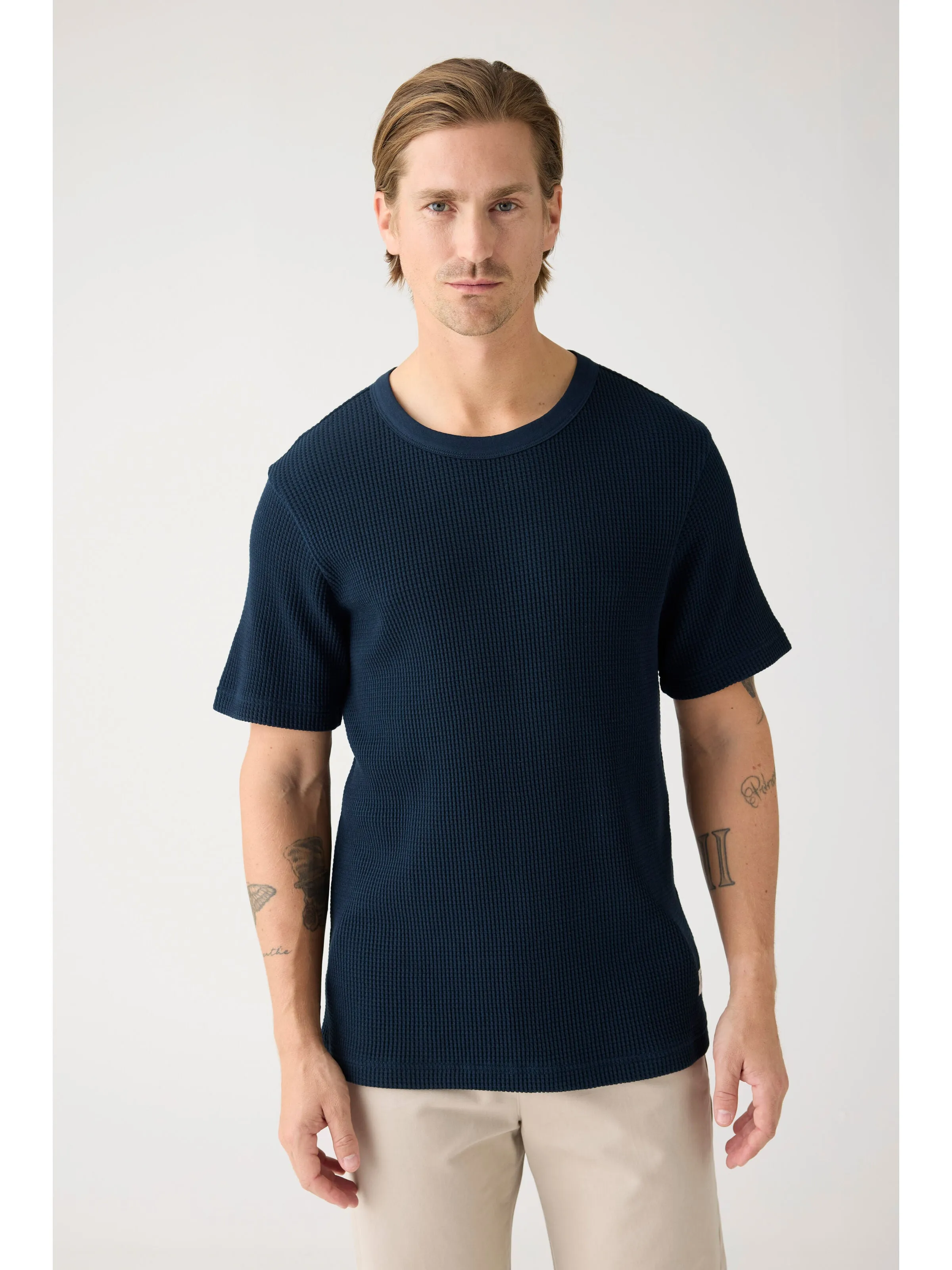 Regular waffle short sleeved crew neck t-shirt GOTS/Vegan - Total Eclipse Knowledge Cotton