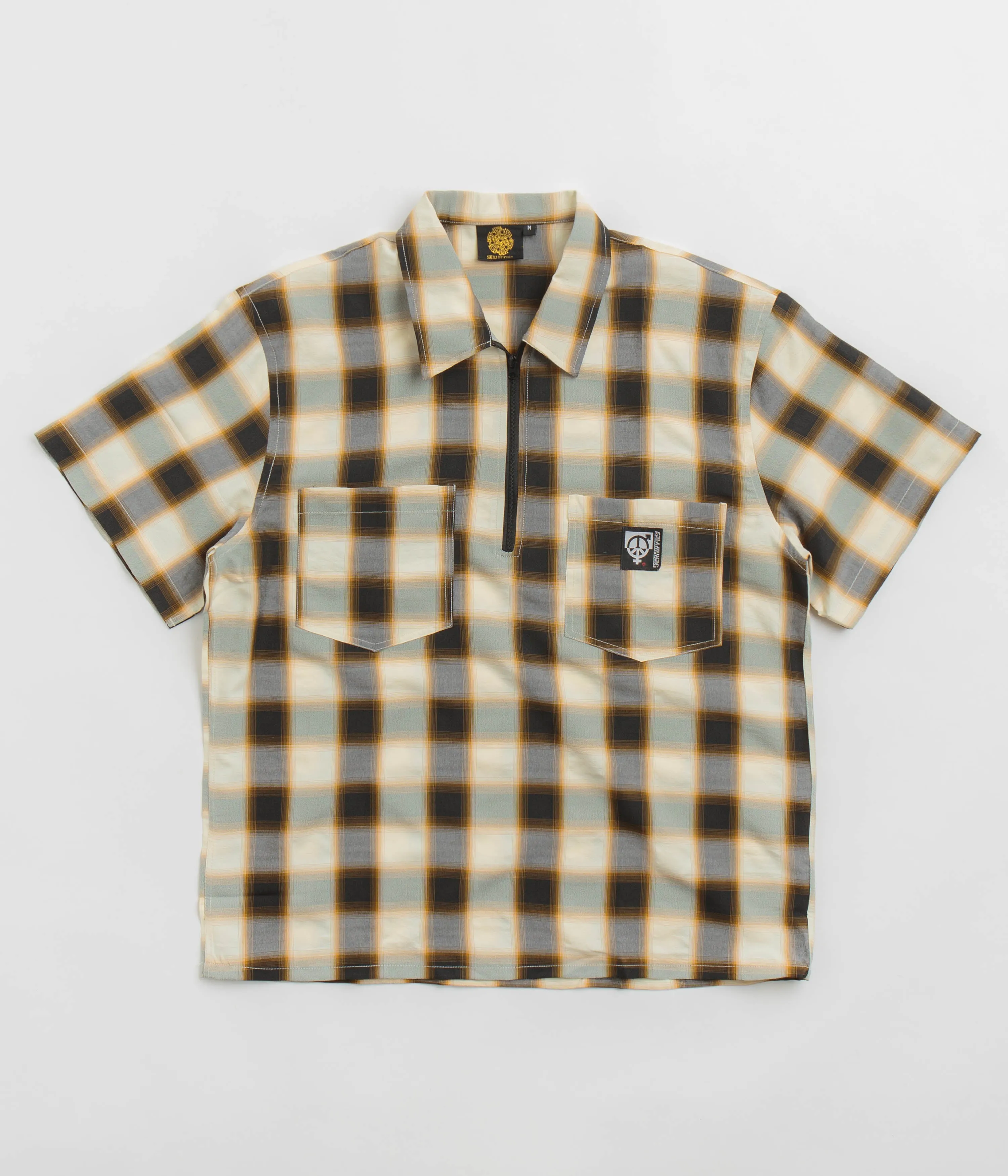 Sexhippies Half Zipper Short Sleeve Shirt - Off White / Black