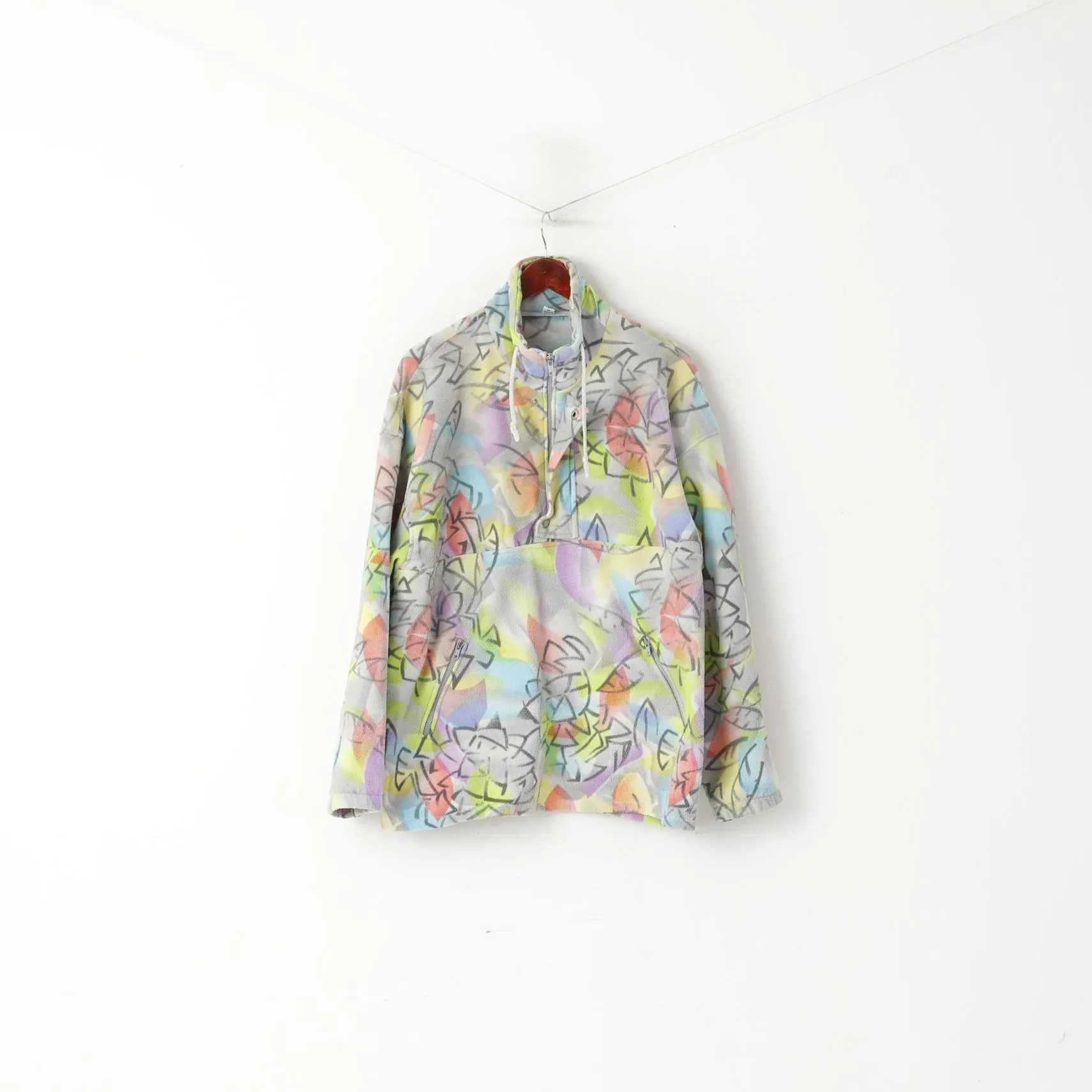 Shamp Men M Fleece Top Unisex Multicolour Vintage Zip Neck Two Pockets