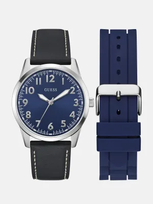 Silver-Tone and Blue Analog Watch Box Set