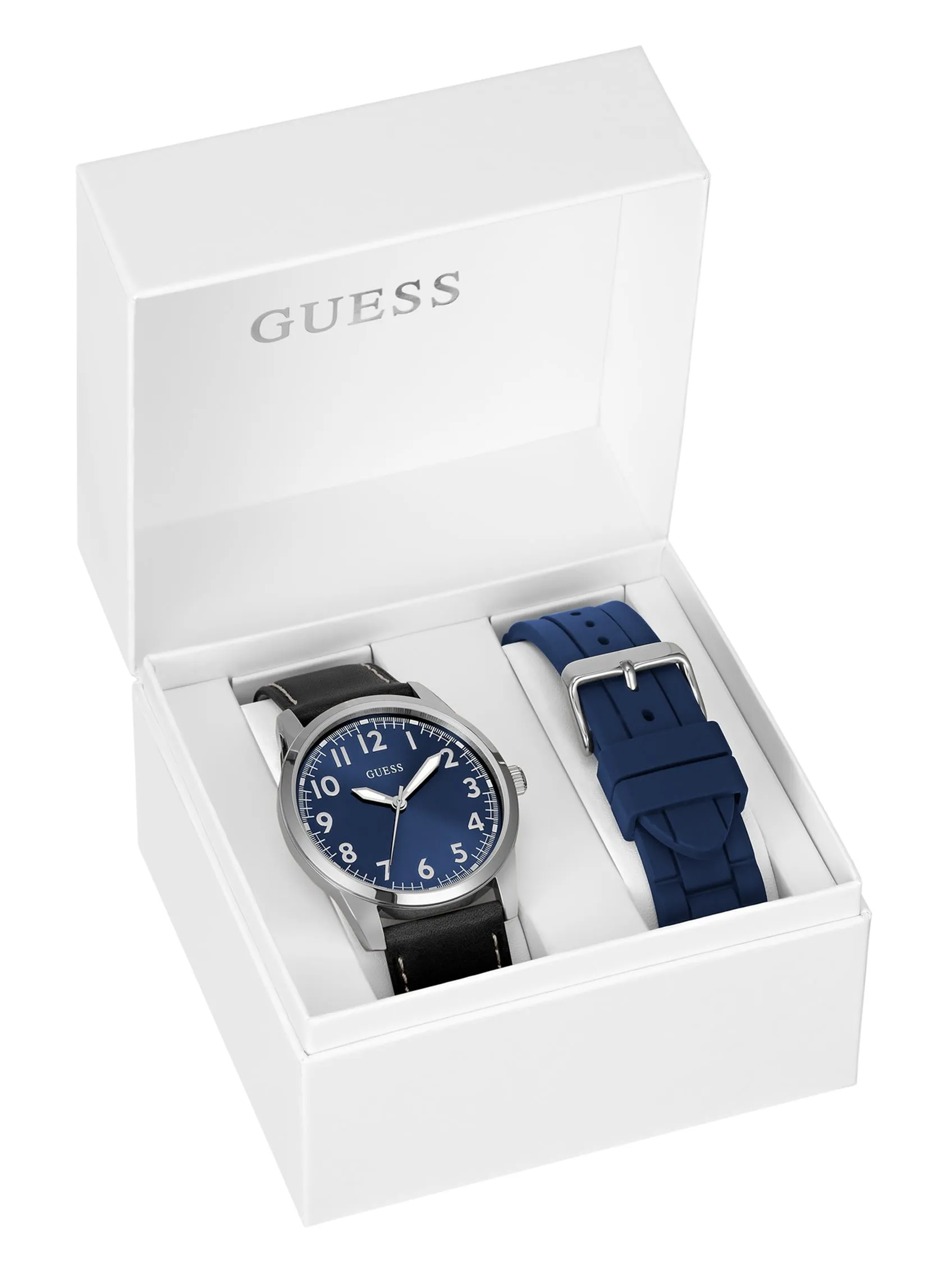 Silver-Tone and Blue Analog Watch Box Set