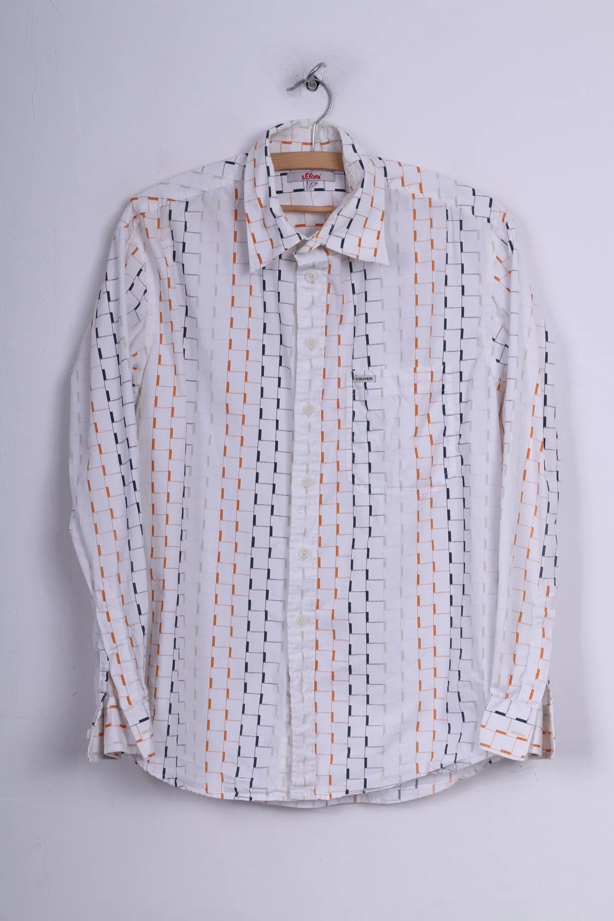 S.Oliver Mens M Casual Shirt Graphic White Long Sleeve Cotton