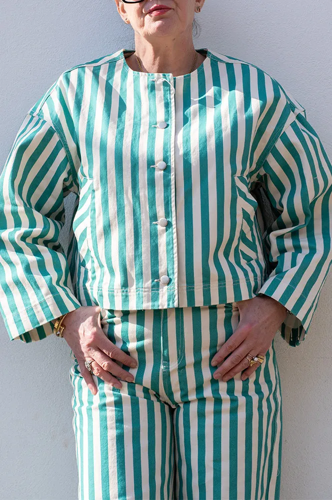 The Tiny Big Sister Striped Cropped Off White/Emerald Jacket