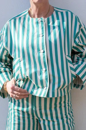 The Tiny Big Sister Striped Cropped Off White/Emerald Jacket