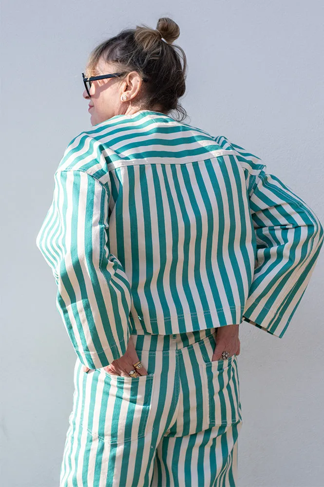 The Tiny Big Sister Striped Cropped Off White/Emerald Jacket