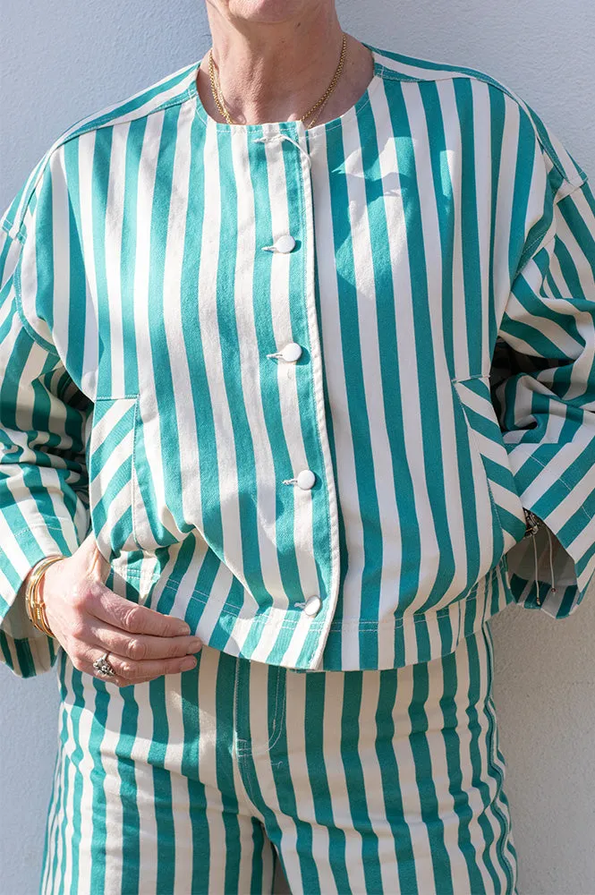 The Tiny Big Sister Striped Cropped Off White/Emerald Jacket