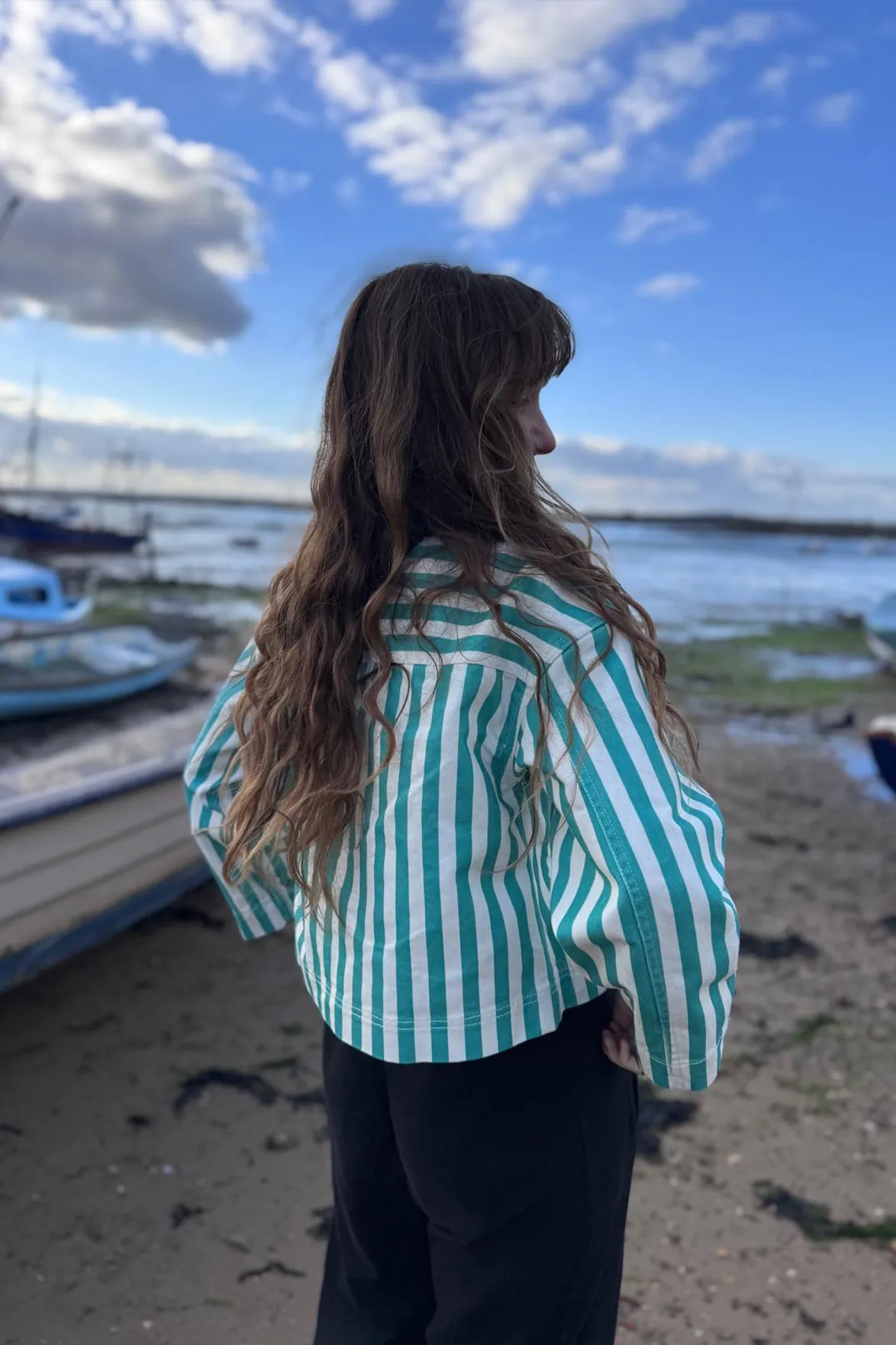 The Tiny Big Sister Striped Cropped Off White/Emerald Jacket