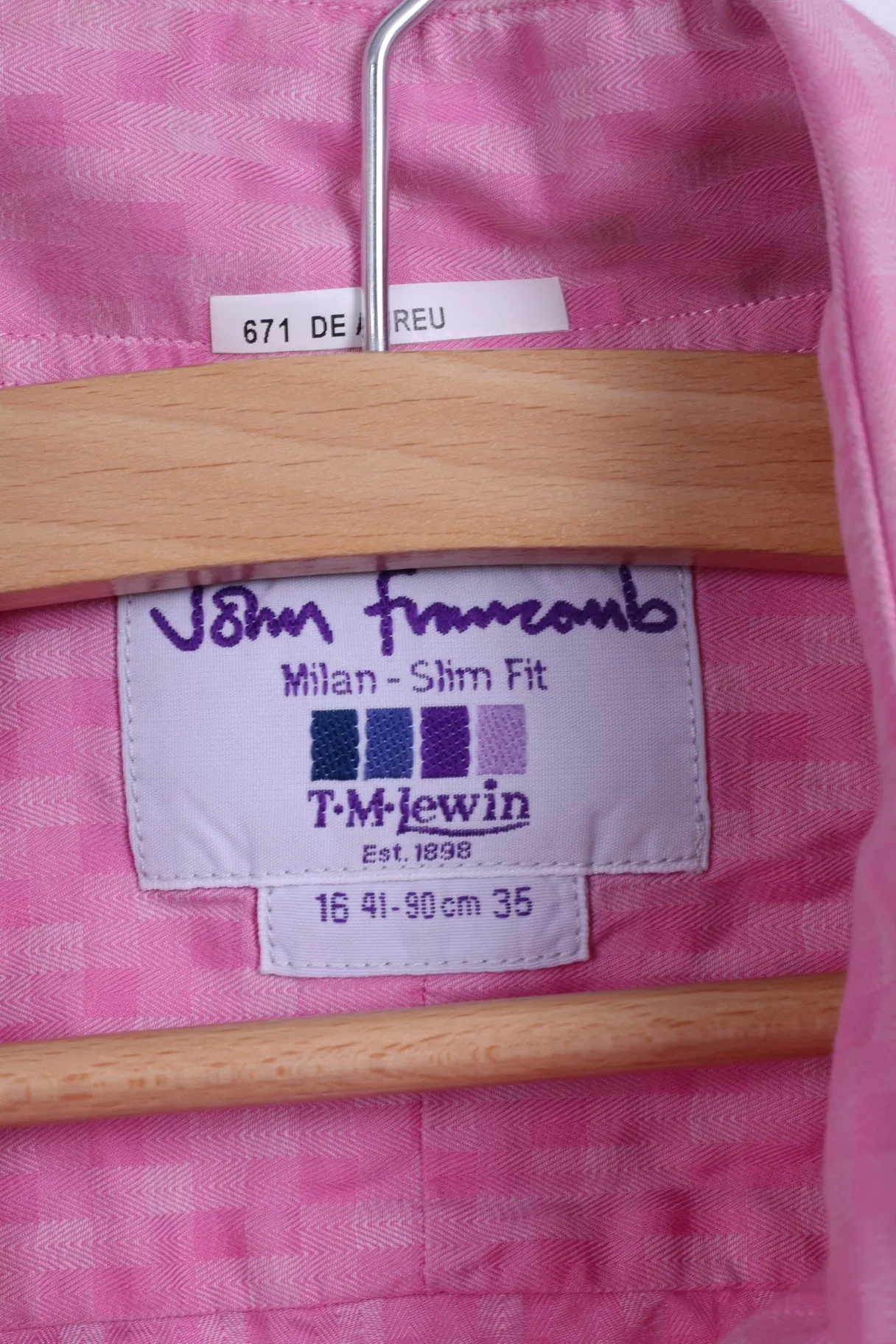 T.M. Lewin Mens 16 35 M Casual Shirt Pink Cotton Milan Sim Fit Long Sleeve