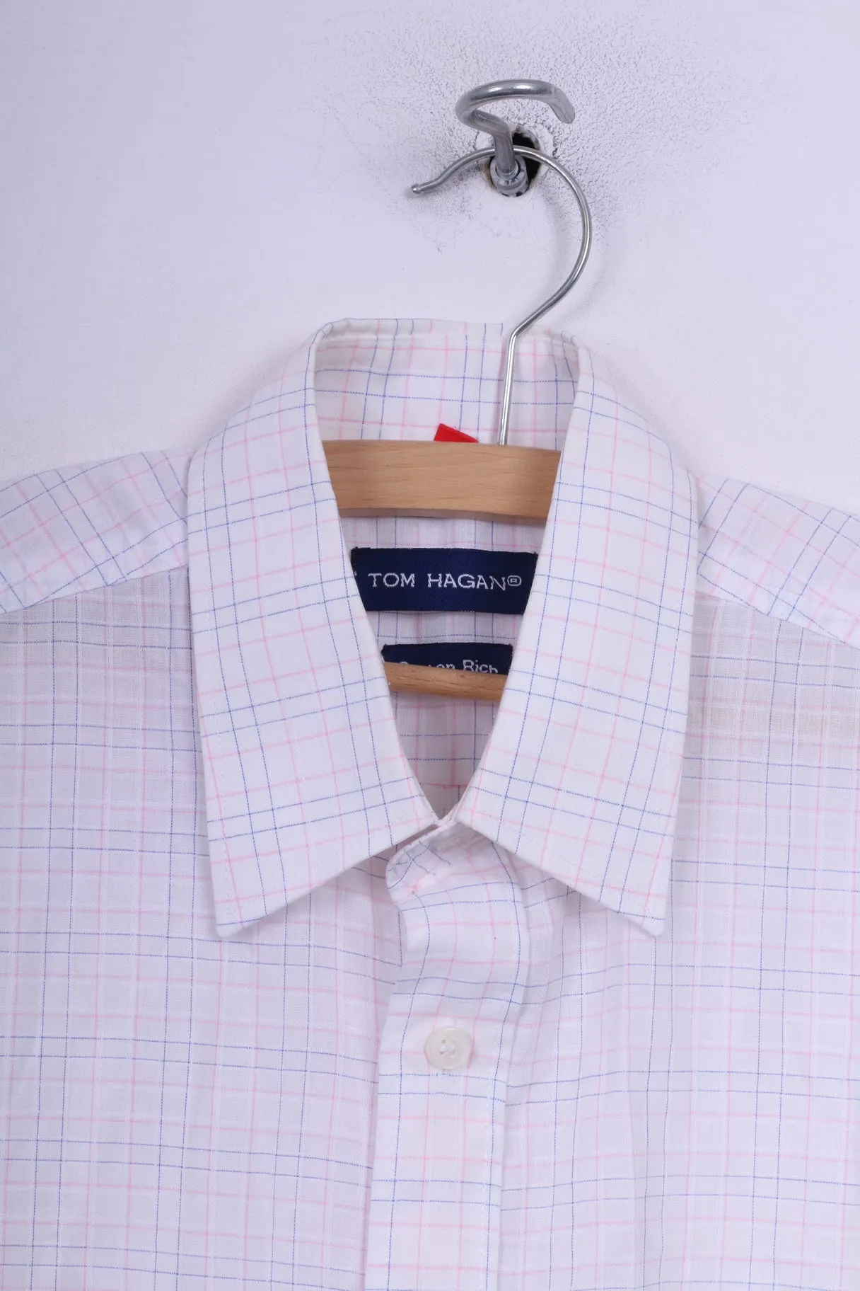 Tom Hagan Mens M 39/40 Casual Shirt White Check Short Sleeve Cotton Rich Summer Top