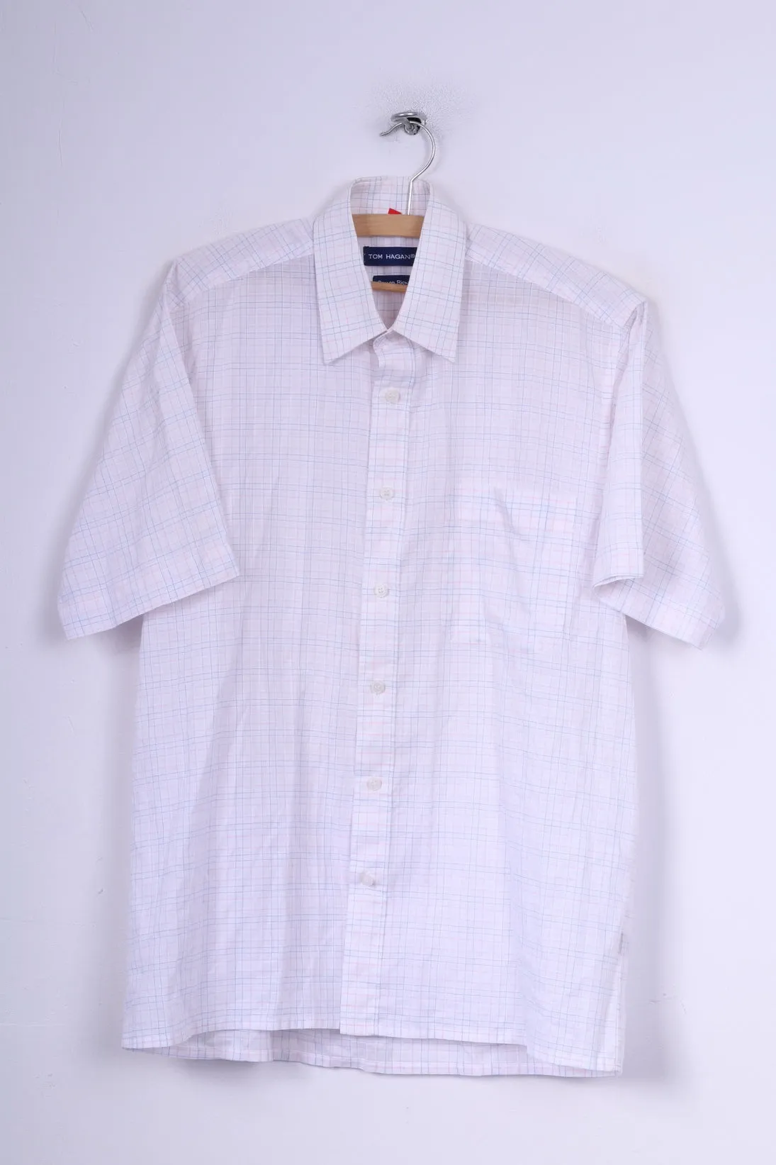 Tom Hagan Mens M 39/40 Casual Shirt White Check Short Sleeve Cotton Rich Summer Top