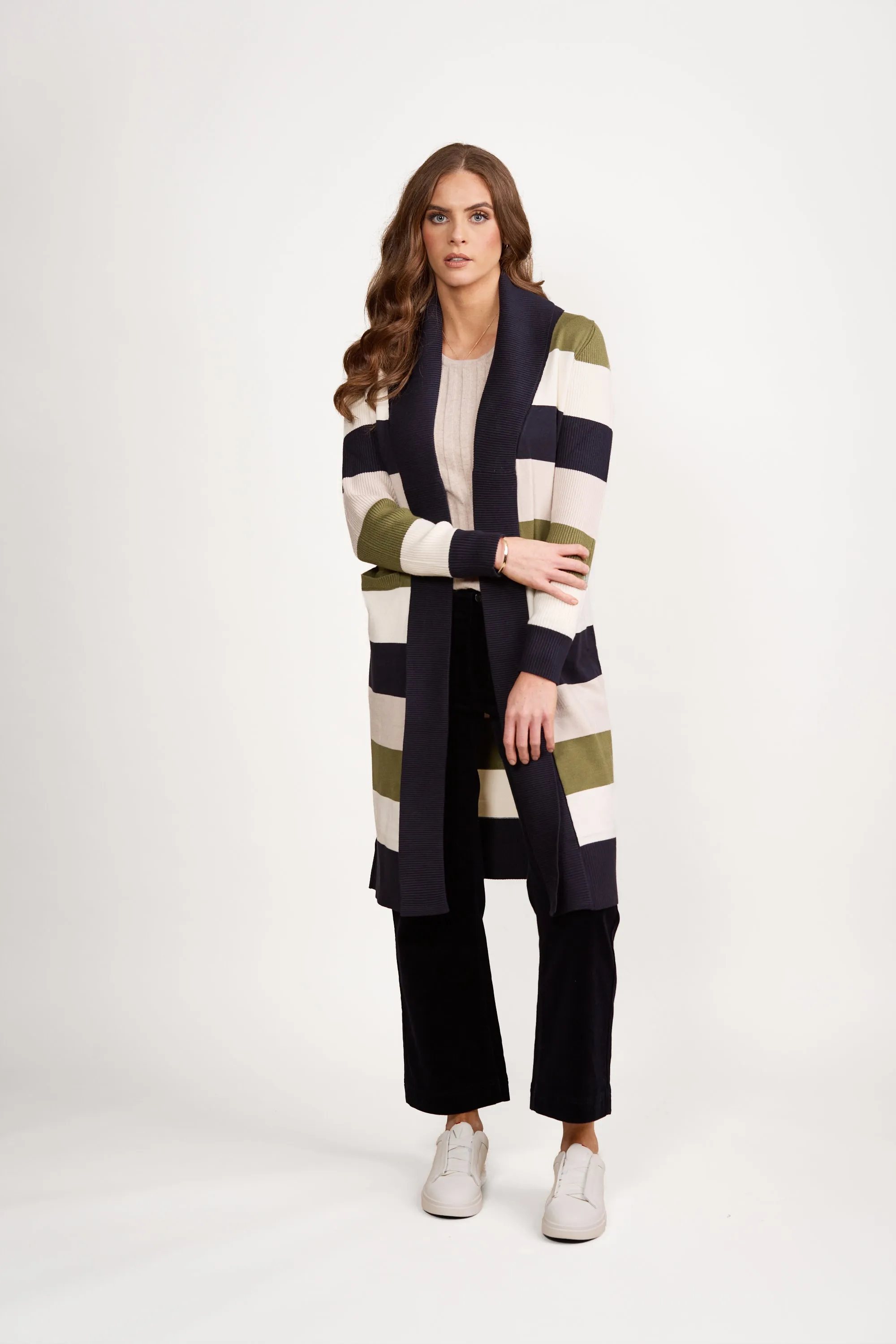 Vassalli - Long Line Cardi - 1065 - Sage Stripe