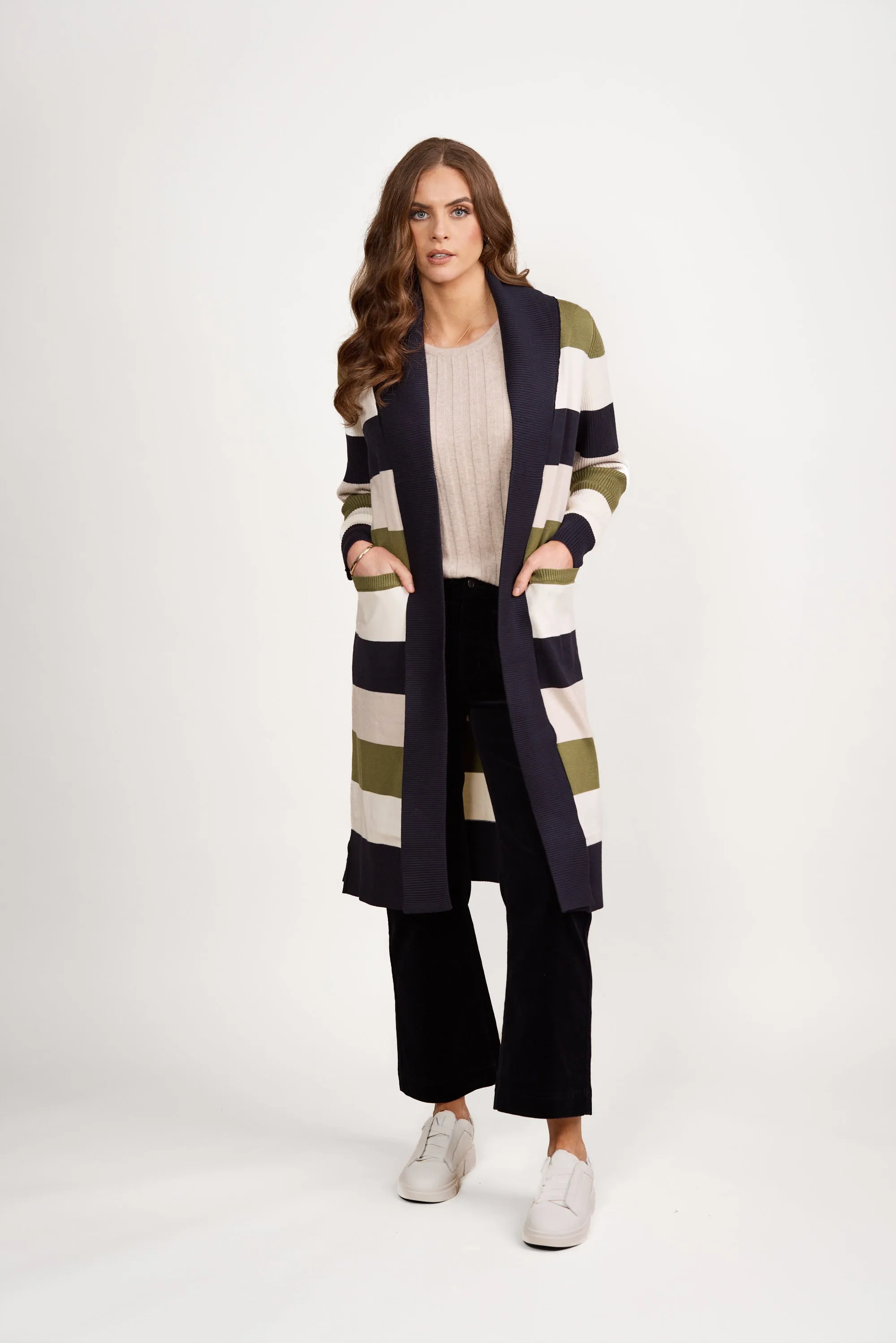 Vassalli - Long Line Cardi - 1065 - Sage Stripe