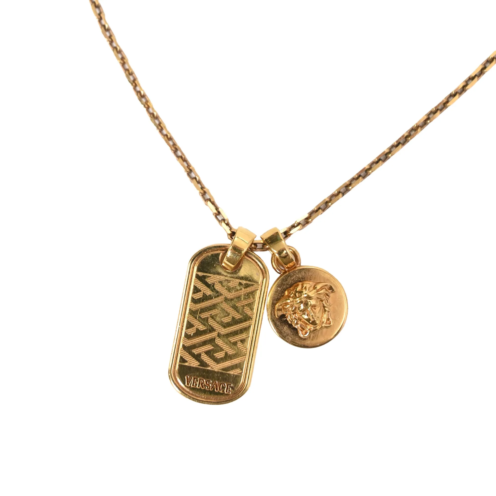 Versace La Greca-Tag Pendant Necklace in Gold Metal