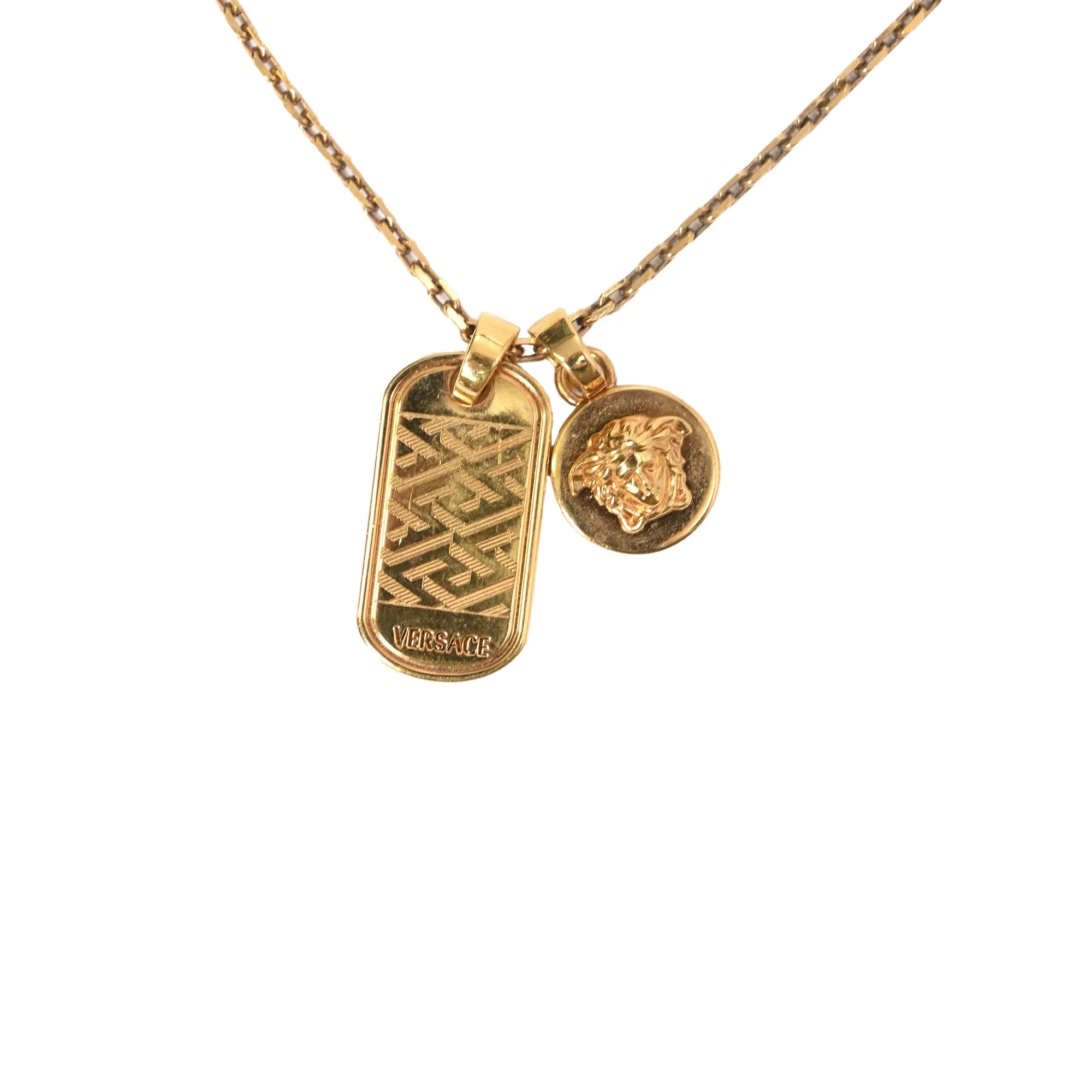 Versace La Greca-Tag Pendant Necklace in Gold Metal
